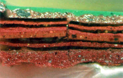 A photomicrograph of several schemes of red-brown paint that had each been varnished for added protection